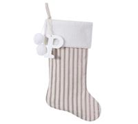 JKSVE 19.5 Inch Vintage Cream Vertical Stripe Christmas Stocking w/Poms, Personalized Wooden Initial Monogram Christmas Stocking, Christmas Party Family Decor