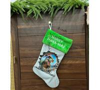 JKSVE Personalized Dinosaur Christmas Stocking 20 Inch - Merry T-Rex-Mas Holiday Stockings for Family, 3D Breakthrough Design with Green Plush Cuff, Xmas Party Decorations