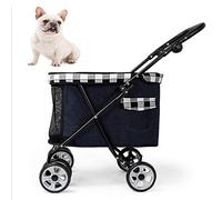 JKSVTF Pet Travel Stroller Adjustable Handle Pushchair/Transporter Foldable Four Wheels Puppy/Medium/Dog/Cat Dog Trolley (Black and White Plaid)