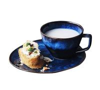 JKXLSLAX Blue Ceramic Soup and Sandwich Plate Set, 480ml Milk Cup Oatmeal Bowl with Handles,9 Inch Oval Bread Dessert Plate Soup and Cracker Bowls Set for Breakfast, Microwave Oven Safe
