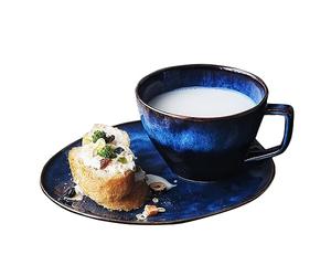 JKXLSLAX Blue Ceramic Soup and Sandwich Plate Set, 480ml Milk Cup Oatmeal Bowl with Handles,9 Inch Oval Bread Dessert Plate Soup and Cracker Bowls Set for Breakfast, Microwave Oven Safe