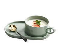 JKXLSLAX Ceramic Soup and Sandwich Plate Set, 420 Ml Soup Bowls Breakfast Oatmeal Cup with Handles,9.84 Inch Oval Bread Dessert Plate Soup and Cracker Bowls Set for Breakfast(Green)