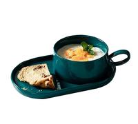 JKXLSLAX Ceramic Soup and Sandwich Plate Set, 420 Ml Soup Bowls Breakfast Oatmeal Cup with Handles,9.84 Inch Oval Bread Dessert Plate Soup and Cracker Bowls Set for Breakfast(Blue)