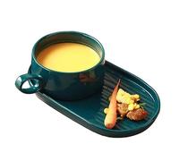 JKXLSLAX Creative Breakfast Bowl Mugs Set,15 Oz Soup Bowls/Cups with Handles in 9.8 Inch Ceramic Plates,Cracker Bowls Sets for Sandwich Plate, Bread Dipping Bowls(Blue)