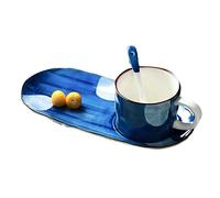 JKXLSLAX Creative Ceramic Coffee Mug Set, Household Tea Cups Breakfast Plates with Spoons,Afternoon Tea Tableware Dim Sum Plate,Porcelain Mug for Cappuccino and Latte(D)