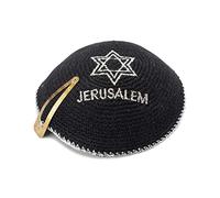 JL Kippah Jewish Israel Cotton Embroidery Knitted Black Jerusalem Silver Star of David