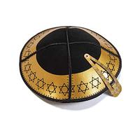 JL Kippha's Adult Jewish Leather Gold Star Of David Kipa Kippah Yarmulke Head Cap Synagogue, Black, 16 cm
