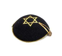 JL Kippha's Cotton Embroidered Adult Knitted Black Gold Star of David Yarmulke Kippah 17cm