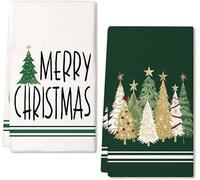 JL&MI HolidayChef Christmas Kitchen Towels Set of 2, Red Xmas Tree Design, Machine Washable, Large 18x26 Inch Festive Dish Cloths for Holiday Home Kitchen Bathroom Party Decor (Green)