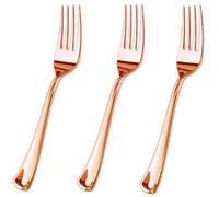 JL Prime 50 Piece Rose Gold Plastic Forks, Heavy Duty Disposable Cutlery Set for Party & Wedding, 7.35 Inch Long, Rose Gold Plastic Flatware