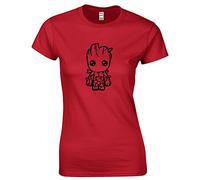 JLB Print Baby Groot Cartoon Super Hero Movie & Comic Book Fan Premium Quality Fitted T-Shirt Top for Women and Teens Red