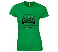 JLB Print Good Things Come in Small Packages Mini Car Funny Cool Premium Quality Fitted T-Shirt Top for Women and Teens Green