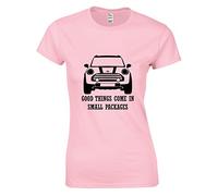 JLB Print Good Things Come in Small Packages Mini Car Funny Cool Premium Quality Fitted T-Shirt Top for Women and Teens Baby Pink