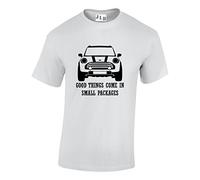 JLB Print Good Things Come in Small Packages Mini Car Funny Cool Premium Quality Regular Fit T-Shirt Top for Men and Teens White