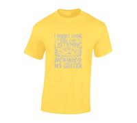 JLB Print I Might Look Like Im Listening Playing Guitar Music Fan Premium Quality Modern Fit T-Shirt Top for Men - Yellow/S