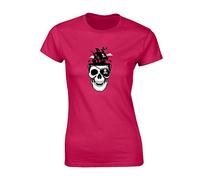 JLB Print Pirate Skull Cool Novelty Premium Quality Fitted T-Shirt Top for Women and Teens - Hot Pink / 8-10
