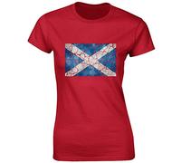 JLB Print Vintage Scotland Flag Cool Novelty Premium Quality Fitted T-Shirt Top for Women and Teens - Red/XL - 12/14