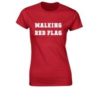 JLB Print Walking Red Flag Funny Joke Printed Slogan Dating Rude Novelty Top Funny Premium Quality Loose Fit T-Shirt Top for Ladies - Red / 12-14