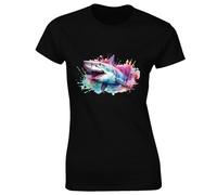 JLB Print Watercolour Shark Cool Nature Animal Lover Design Ocean Top Cool Premium Quality Loose Fit T-Shirt Top for Ladies - Black / 12-14