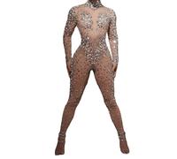 JLDZEBD Sparkle Full Rhinestone Jumpsuit Leopard Print Team Party Birthday Leotard Drag Queen Pole Dance Festival Clothing,Champagne,L