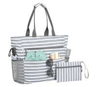 Jlobnyiun Beach Bag, Waterproof Bag with Coin Purse - Foldable Waterproof with Zipper for Beach, Pool, Work, Transport, Gym, Picnic, Camping, Holidays, Daily Use, Grey Stripes, Consulte la descripción