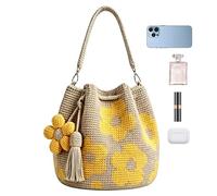 Jlobnyiun Crochet Flower Shopping Bag - Woven Openwork 1 Pack Medium Flower Shoulder Bag; Aesthetic Blossom Bohemian Sack; Lightweight Made of Lightweight Acrylic Yarn | Beach Fashion Tote Bags