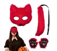 Jlobnyiun Fox Face Cover and Tail Set - Halloween Cosplay Outfit - Cat Face Cover Paw Gloves Cosplay Costume - for Convention Carnival Holiday Photoshoot Carnival Teens Boys Girls Adults