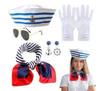 Jlobnyiun Sailor Costume, Captain Yacht Costume | Marine Ship Earrings Hat Scarf Gloves Set | 5x Props Clothes for , Halloween, Christmas, Cosplay