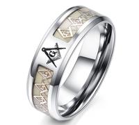 JLOVEMILY Men's Stainless Steel Luminous Freemason Masonic Ring Glow in The Dark Anniversary Engagement Wedding Band 8mm, Silver, Stainless Steel, No Gemstone