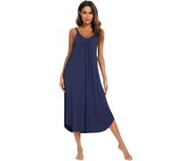 Jlowesun Long Nightdress for women UK,Soft Cotton Nighties with Wavy Hemline,V-Neck Full Slip Loose Stretchy Strappy Women's Dresses XXL Navy Blue