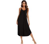 Jlowesun Long Nightgowns for Women,Soft Cotton Nighties for Women with Wavy Hemline,V-Neck Full Slip Loose Stretchy Strappy Women's Nightwear XL Black