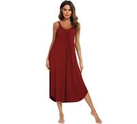 Jlowesun Women'S Dresses & Nightshirts,Soft Cotton Comfortable Long Loungewear with Wavy Hemline,V-Neck Full Slip Loose Stretchy Strappy Ladies Dresses XXL Wine Red