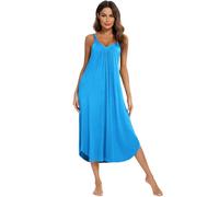 Jlowesun Women'S Pajamas, Soft Cotton Comfortable Long Loungewear with Wavy Hemline,V-Neck Full Slip Loose Stretchy Strappy Dresses L Sky Blue