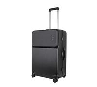 JLY Covestro Polycarbonate Large Suitcase - Front Access Hard Shell Travel Check in Luggage with Cup Holder, Bag Hook, Spinner Wheels, Dual TSA Locks & Aluminium Handle - Midnight Black