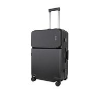 JLY Covestro Polycarbonate Medium Suitcase - Front Lid Hard Shell Check in Luggage with Cup Holder, Bag Hook, Spinner Wheels, Dual TSA Locks & Aluminium Handle - Midnight Black