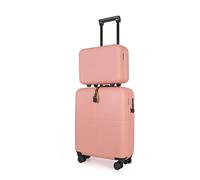 JLY Premium Makeup Travel Case + Small Cabin Suitcase 2 Pcs Set, 100% German Covestro Polycarbonate, Excellent Organisation & Wet/Dry Separation, Cosmetic Organiser & 4 Wheel Hand Luggage Blush Peach