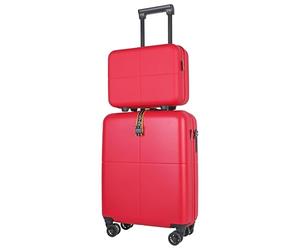 JLY Premium Makeup Travel Case + Small Cabin Suitcase 2 Pcs Set, 100% German Covestro Polycarbonate, Excellent Organisation & Wet/Dry Separation, Cosmetic Organiser & 4 Wheel Hand Luggage - Berry Red