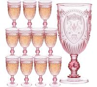 JLYLOL Plastic Wine Glasses 12Pcs Plastic Goblets 7.5oz Colored Retro Embossed Glassware Vintage Stemmed Drinking Cup Reusable Water Goblets for Wedding Reception Grand Event Party Bar,Whiskey (Pink)