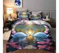 JLZBXCUER Swan 3Pcs Bedding Set Printed Quilt Cover,3D Duvet Cover for Boys Adult, Microfibre, with Pillowcases Easy Care Microfiber Comforter Cover Hidden Zipper Single（135x200cm）