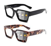 JM 2 Pack Photochromic Reading Glasses for Women, Square Blue Light Blocking Computer Reader Sunglasses, Spring Hinge, Black & Tortoise +2.5