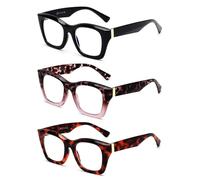 JM 3 Pack Oversized Square Reading Glasses for Women, Fashion Oprah Style Blue Light Blocking Computer Readers +2.0