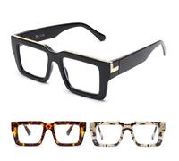 JM Oversized Reading Glasses for Women Men with Spring Hinge, Fashion Square Blue Light Blocking Computer Readers 3 Pack 1.25 (Black + Brown + Grayish White)