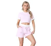 JMA TRADING® Women’s 2 Pcs Ribbed Contrast Crop T-Shirt Short Set, Ladies Cropped Tee Top & Loose Fit Bottoms Pants Co-Ord Tracksuit (Baby Pink, One Size)