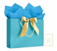 JMANNI 1PCS Large Gift Bag with Ribbon and 1 Greeting Card 2 Tissue Papers, Portable Paper Gift Bag with Handles, Birthday Gift Bags,Present Bags for Wedding Party,Mothers Day12.6" x 9.8" x 3.9"(Bule