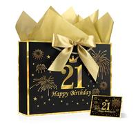 JMANNI Black Gold 21st Birthday Gift Bag with Card and Tissue Paper, 12.6"×9.84"×3.9" Elegant Present Bag for Adults, 21 Year Old Birthday Keepsake Party Supplies