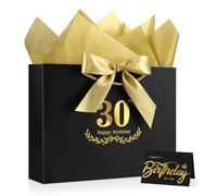 JMANNI Black Gold 30th Birthday Gift Bag with Card and Tissue Paper, 12.6"×9.84"×3.9" Elegant Present Bag for Adults, 30 Year Old Birthday Keepsake Party Supplies