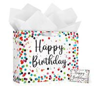 JMANNI Large Happy Birthday Gift Bag with Tissue Papers and Greeting Card, Portable Paper Gift Bags with Handles,Colorful Dots Present Bags for Women Girls Birthday Party Supplies 13" x 10.2"x4.7"