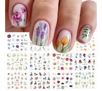 jmeowio 12 Sheets Flower Nail Art Stickers Decals Self-Adhesive Spring Summer Colorful Floral Leaves Nail Supplies Nail Art Design Decoration Accessories