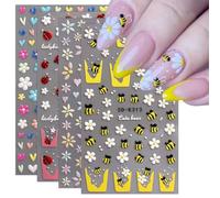JMEOWIO 3D Embossed Bee Flower French Tip Nail Art Stickers Decals Self-Adhesive 5D Nail Supplies Nail Art Design Decoration Accessories 4 Sheets
