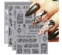 jmeowio 3D Embossed Black White Flower Nail Art Stickers Decals Self-Adhesive 5D Leaves Lace Nail Supplies Nail Art Design Decoration Accessories 4 Sheets